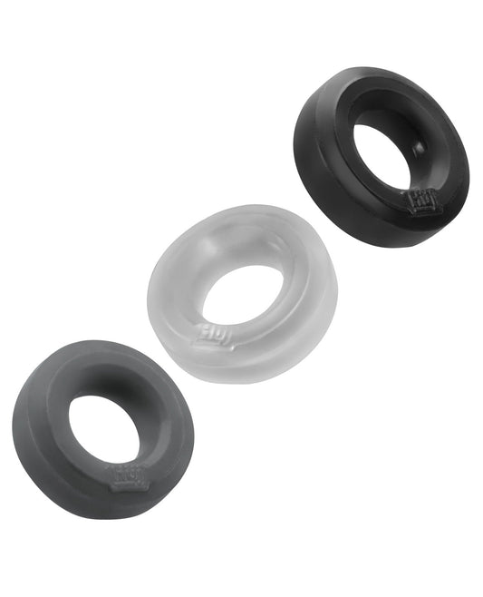 Set of three silicone ring enhancers in black translucent gray and clear for enhanced fit and comfort