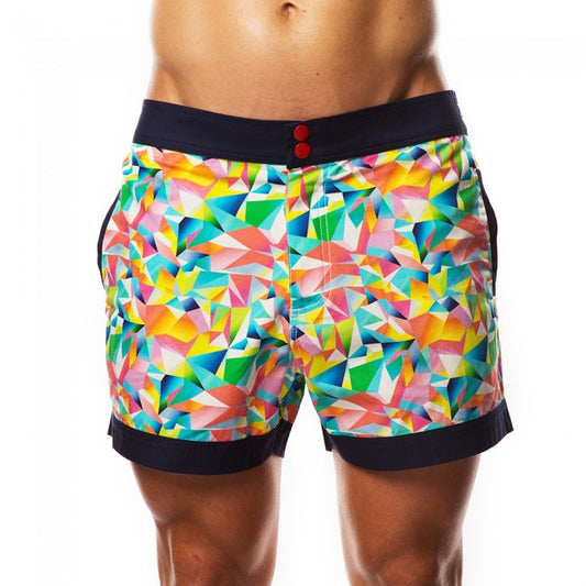 Hey Franky Circuit geometric beach shorts size 32 with vibrant rainbow geometric pattern and navy blue waistband and hem