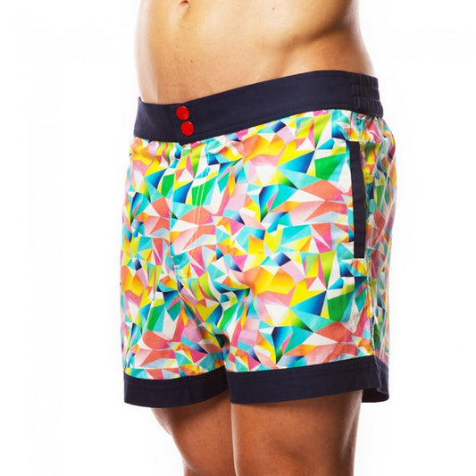 Hey Franky Circuit geometric beach shorts size 32 with vibrant geometric pattern navy blue waistband and bold red buttons