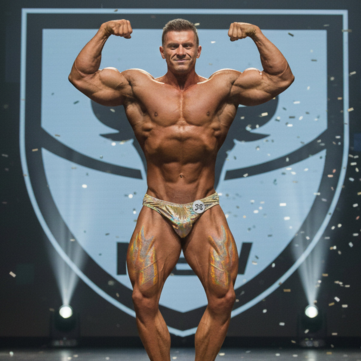 A muscular man wearing MetroMaleWear hologram gold posing suit with shiny gold-patterned briefs and number 38