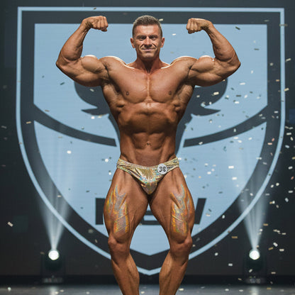 A muscular man wearing MetroMaleWear hologram gold posing suit with shiny gold-patterned briefs and number 38