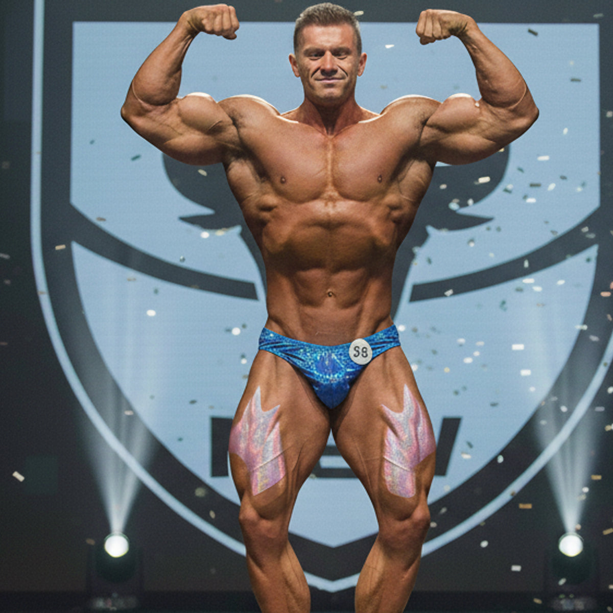 MetroMaleWear posingwear hologram royal blue competition briefs with pink flame decals and white number 38 badge