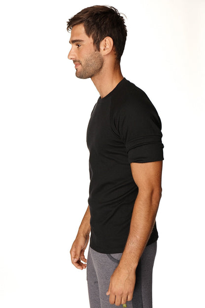 Black short-sleeved hybrid crew neck raglan tee with subtle ribbed sleeve detailing for athletic wear