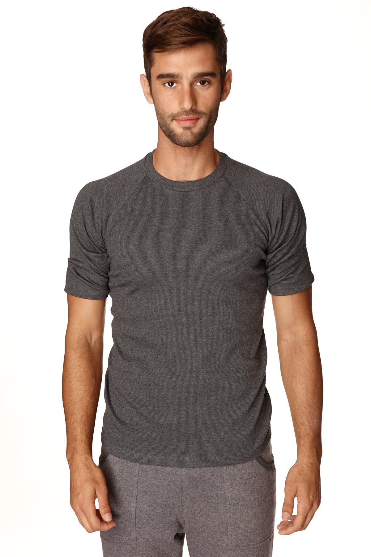 Men’s dark gray heathered hybrid crew neck raglan tee with short sleeves made for athletic performance