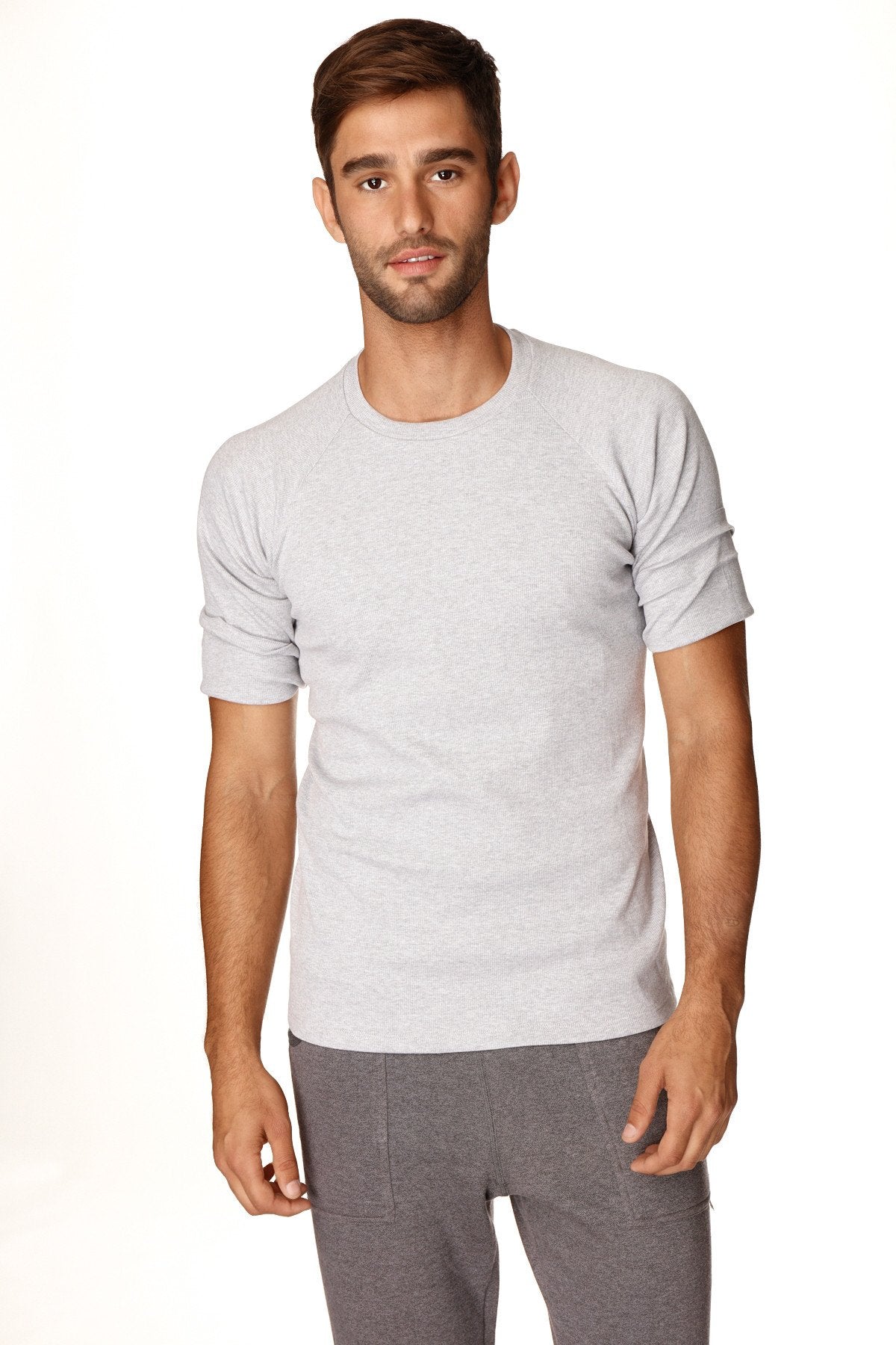Light gray heathered cotton hybrid crew neck raglan tee with rolled up sleeves for casual wear