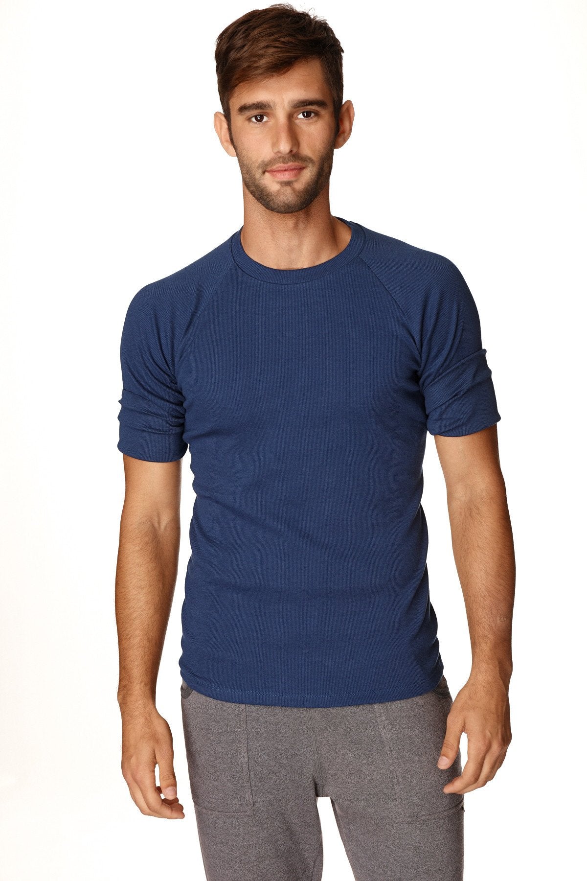 Navy blue short-sleeved hybrid crew neck raglan tee made from breathable material for casual wear