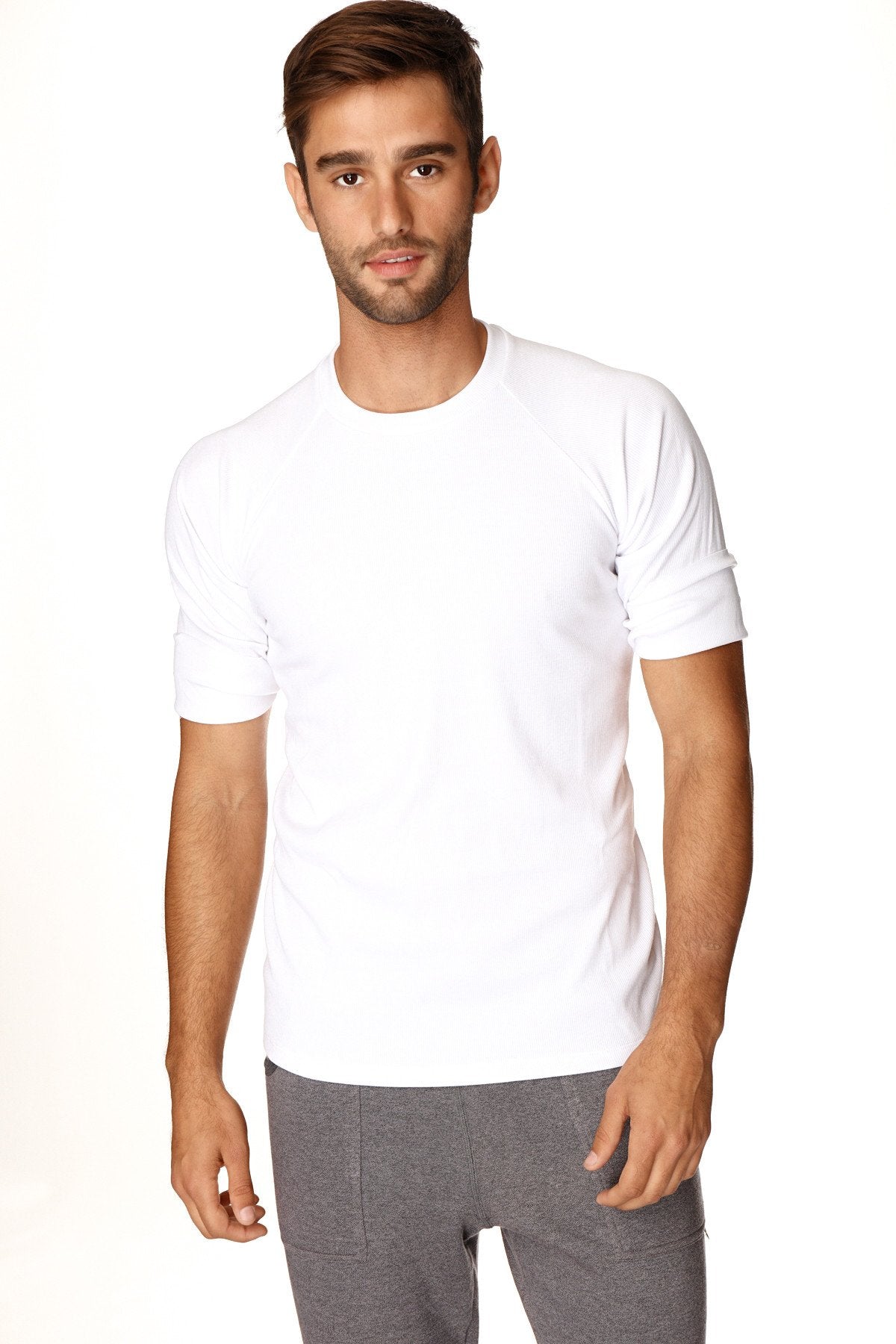 White hybrid crew neck raglan tee with short sleeves in soft breathable fabric ideal for casual wear