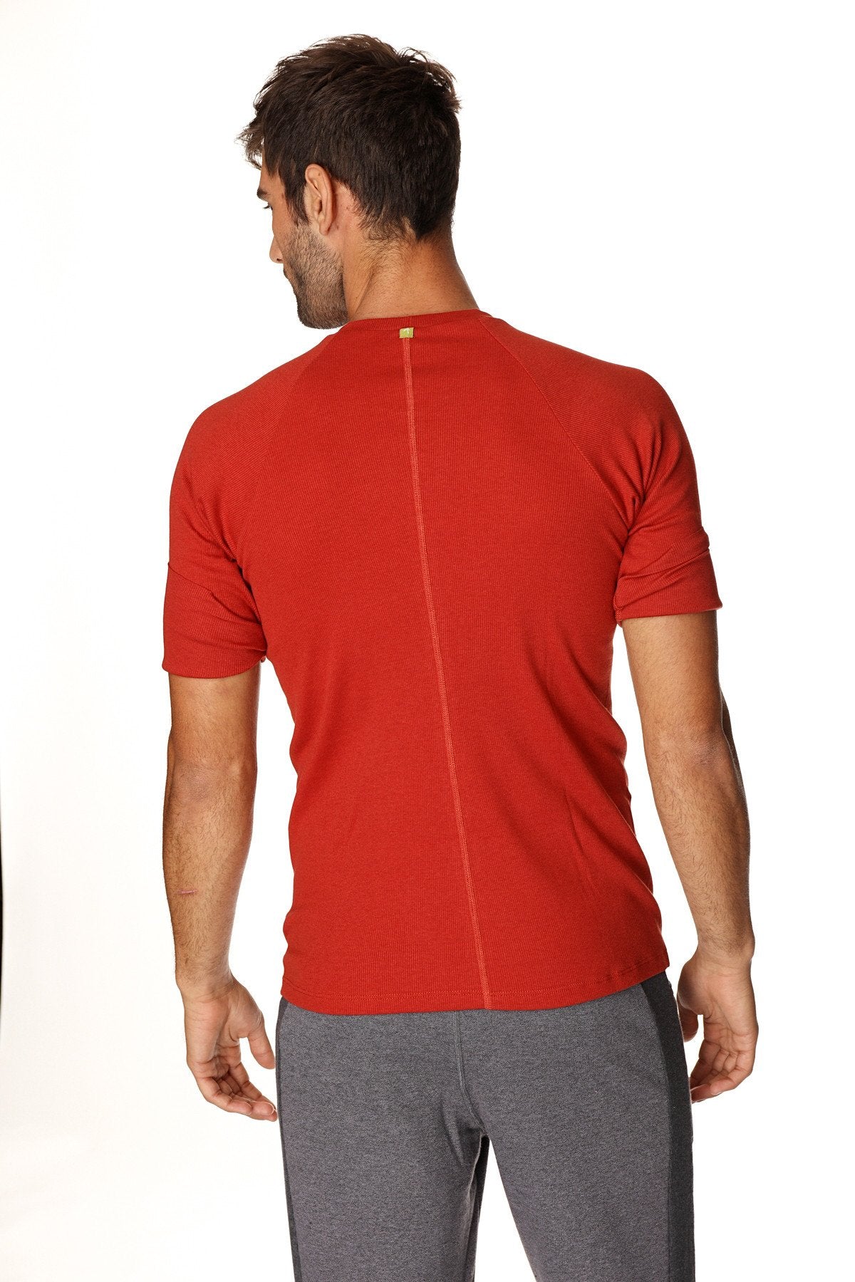 Red short-sleeved hybrid crew neck raglan tee in cinnabar red shown from back with central seam detail