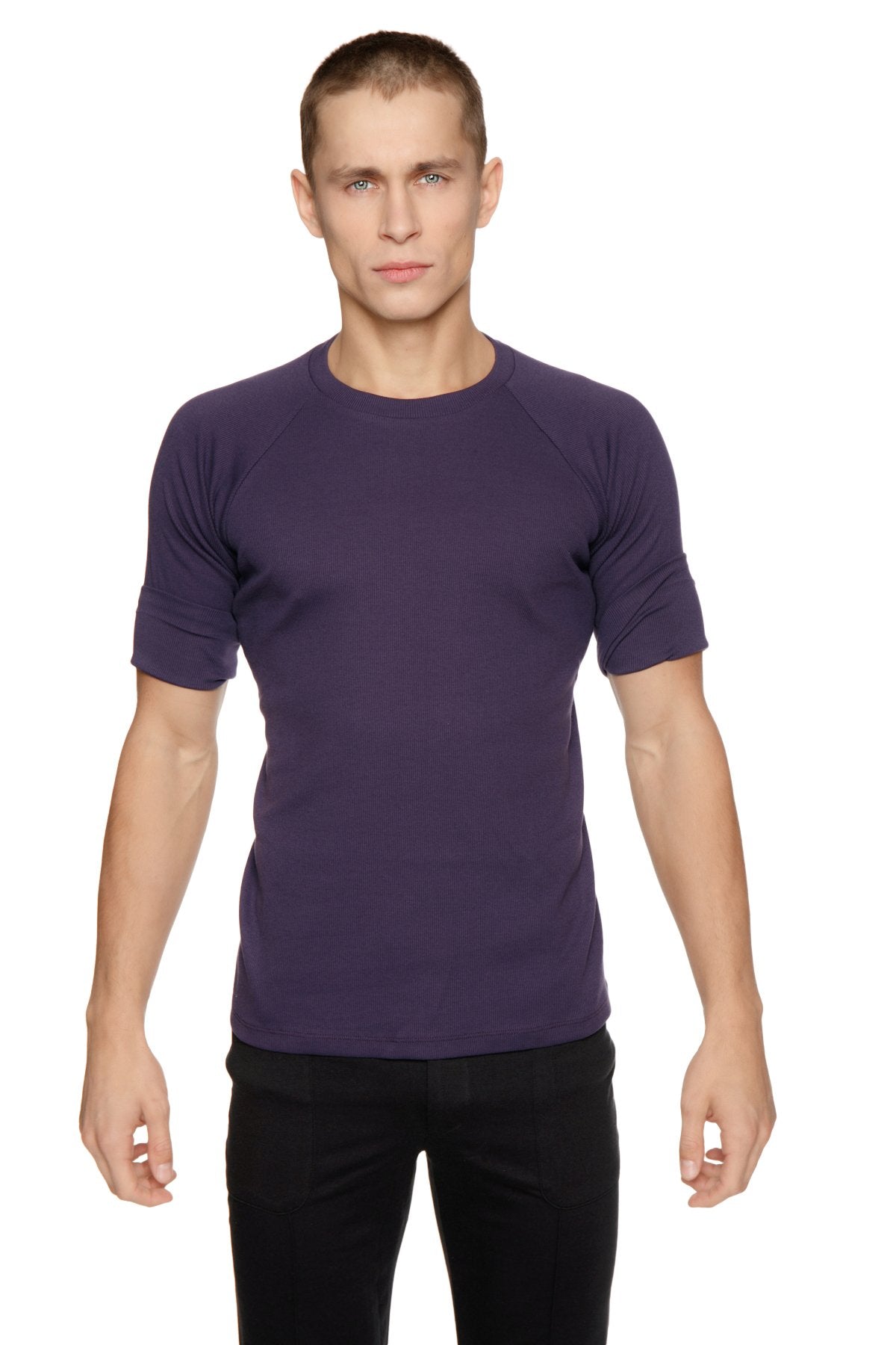 A dark purple short-sleeved hybrid crew neck raglan tee with a smooth fabric finish in eggplant color