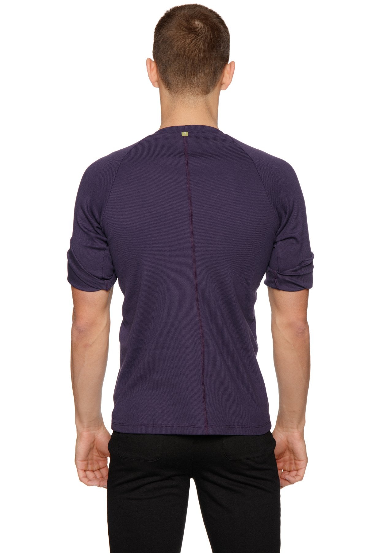 Dark purple hybrid crew neck raglan tee with short sleeves ribbed collar and subtle seam detailing for athletic wear