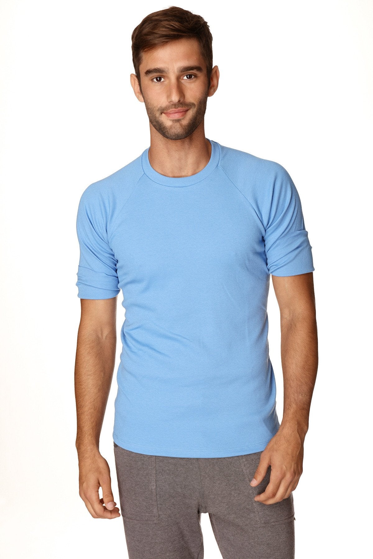 Light blue hybrid crew neck raglan tee with short sleeves and smooth fabric finish for comfortable wear