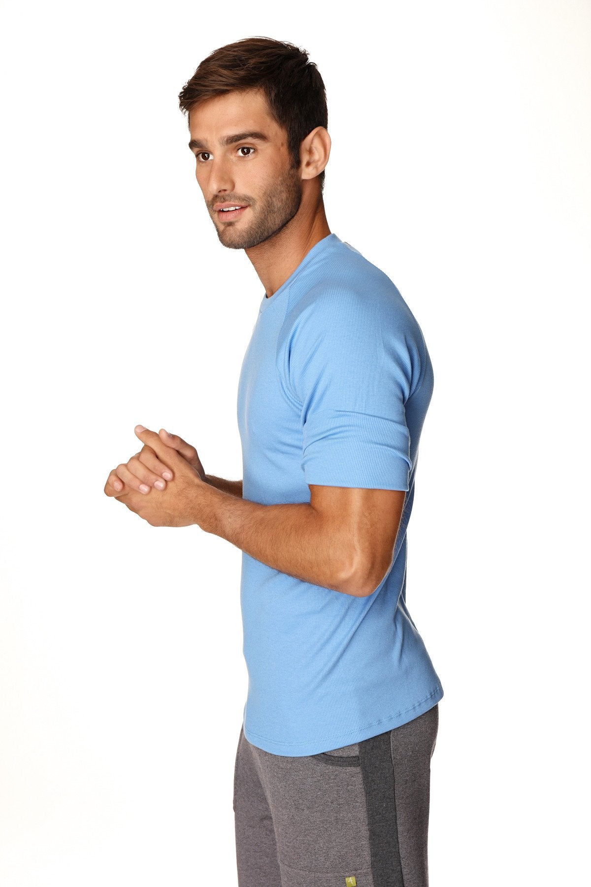 Light blue short-sleeved hybrid crew neck raglan tee designed for athletic performance and comfort