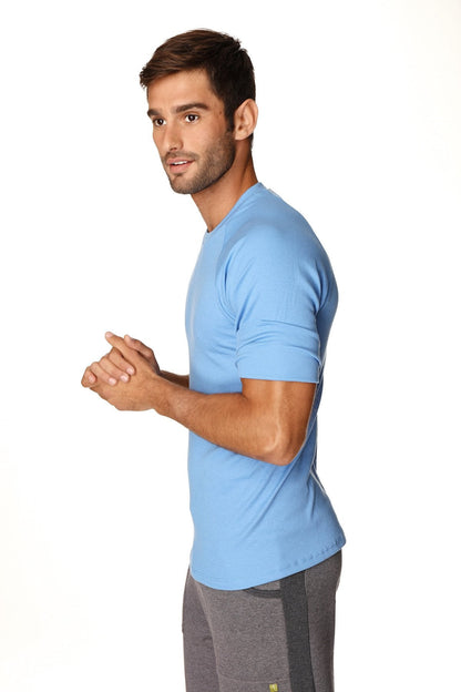 Light blue short-sleeved hybrid crew neck raglan tee designed for athletic performance and comfort
