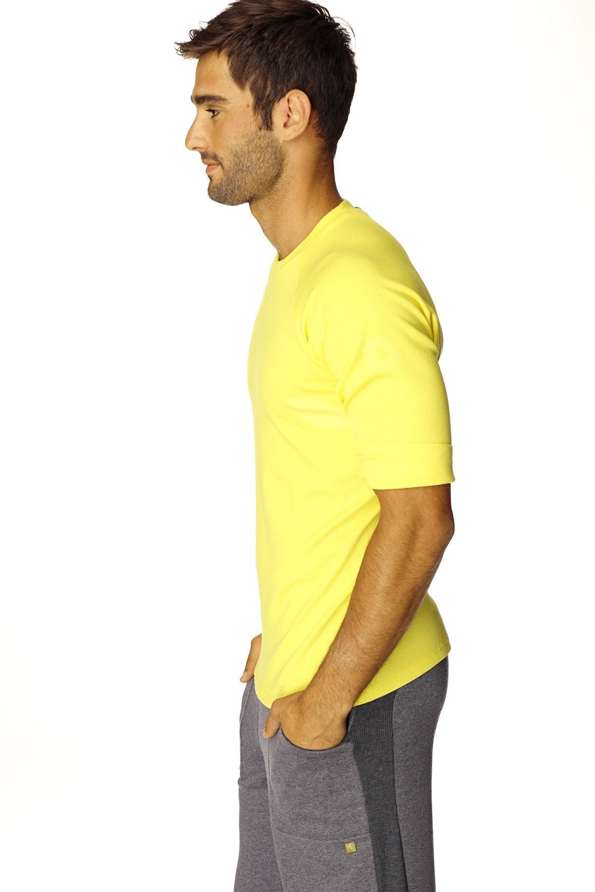 Bright yellow short-sleeved hybrid crew neck raglan tee made from soft breathable fabric for casual wear