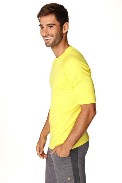 Bright yellow hybrid crew neck raglan tee with short sleeves and simple cotton blend for casual wear