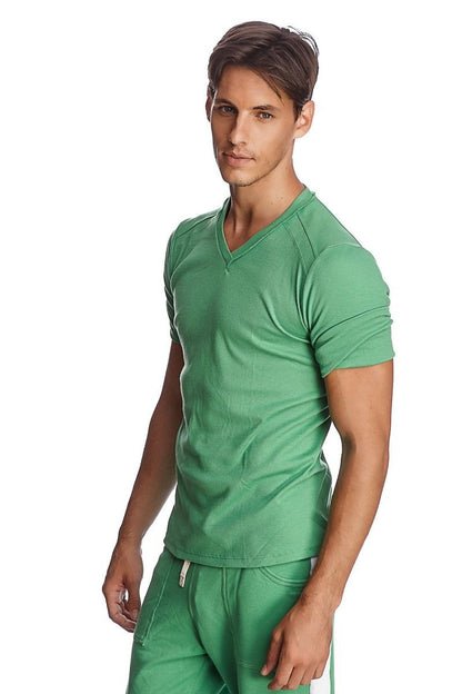 A sleek solid green hybrid v neck short sleeve t shirt in bamboo fabric with ribbed texture and subtle seam detailing