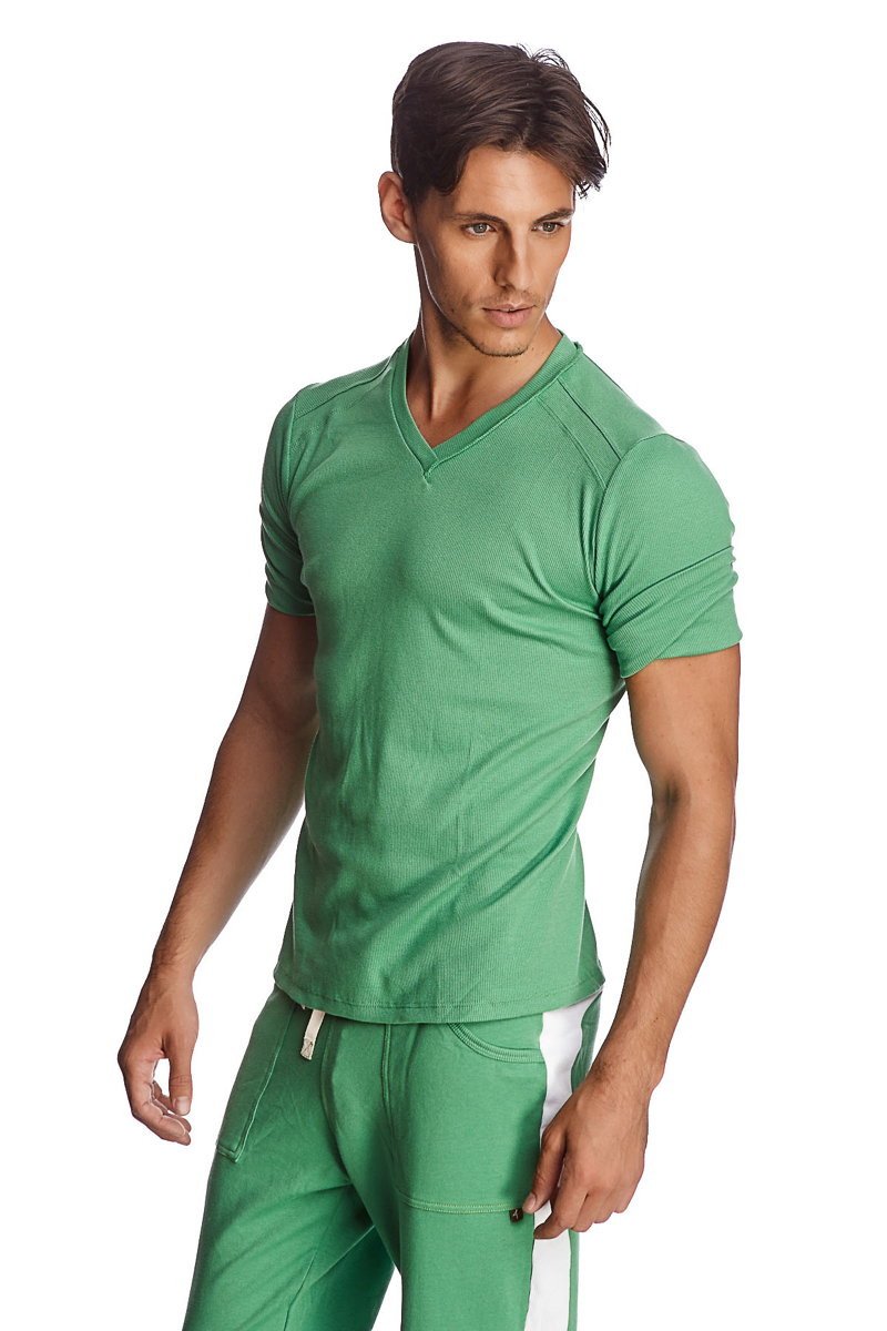 A sleek fitted green bamboo v neck short sleeve t shirt with subtle ribbed texture and modern design hybrid v neck