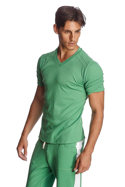 A sleek fitted green bamboo v neck short sleeve t shirt with subtle ribbed texture and modern design hybrid v neck