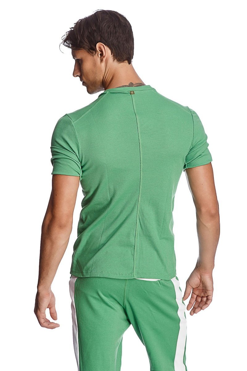 Green hybrid v-neck bamboo short-sleeve t-shirt with textured fabric and central back zipper shown from the back side