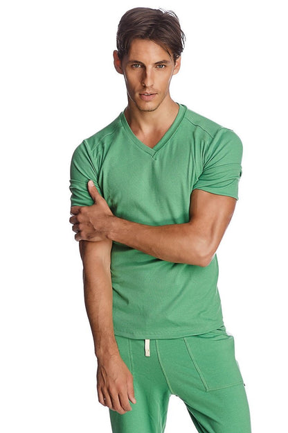 Green v-neck short-sleeved t-shirt made of soft textured bamboo fabric hybrid v-neck bamboo green