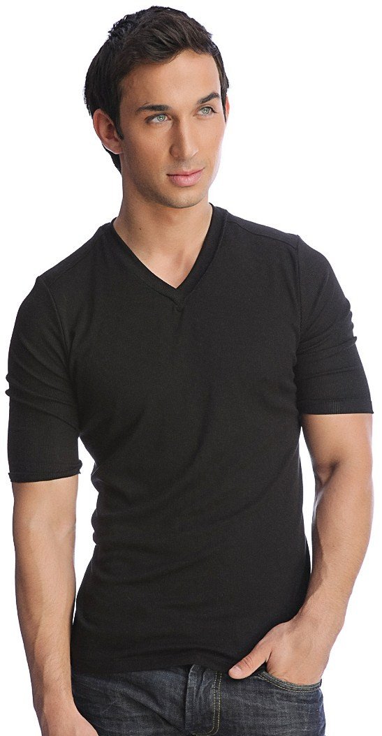 Black hybrid v-neck short-sleeve cotton tee showing front side with a comfortable and versatile fit