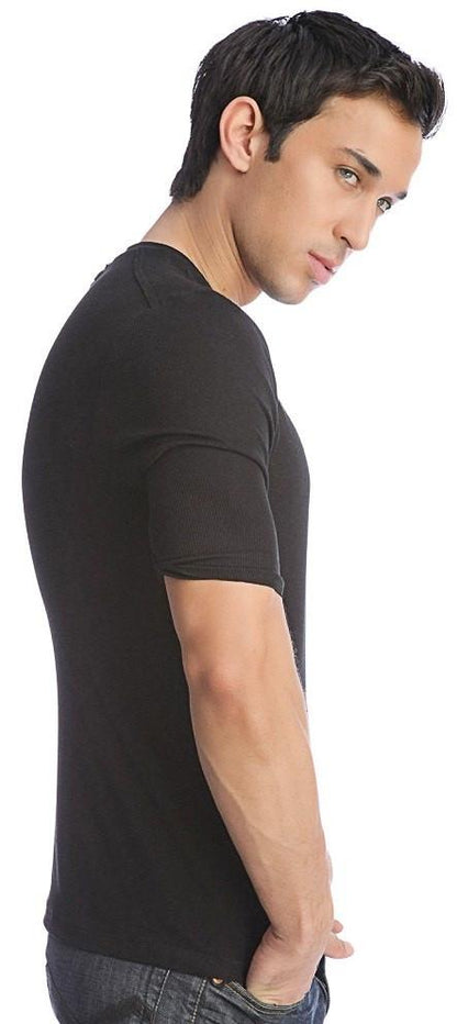 Black short-sleeved hybrid v-neck t-shirt made from soft breathable fabric for casual and active wear