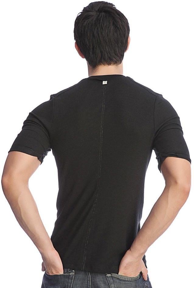 Back view of a black hybrid v-neck short-sleeved t-shirt with a central zipper detail on the back