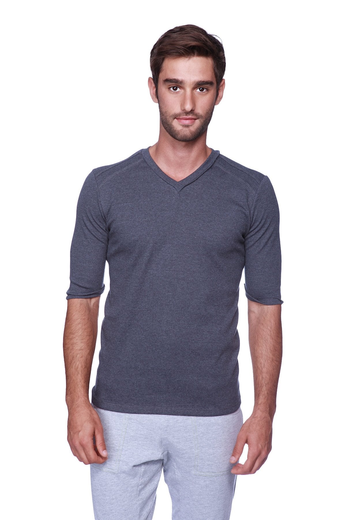 Dark gray textured hybrid v neck short sleeve shirt in charcoal with soft breathable fabric for everyday wear