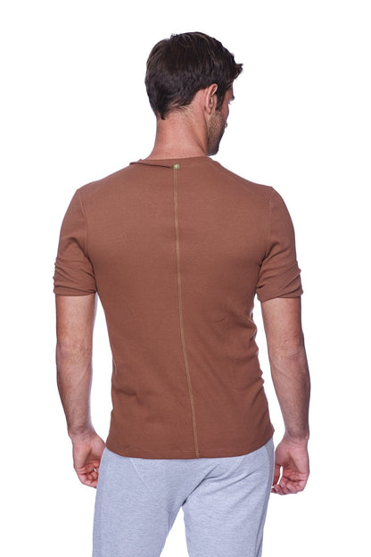 Brown ribbed short-sleeve hybrid v-neck t-shirt with central back zipper detail in chocolate color shown from back