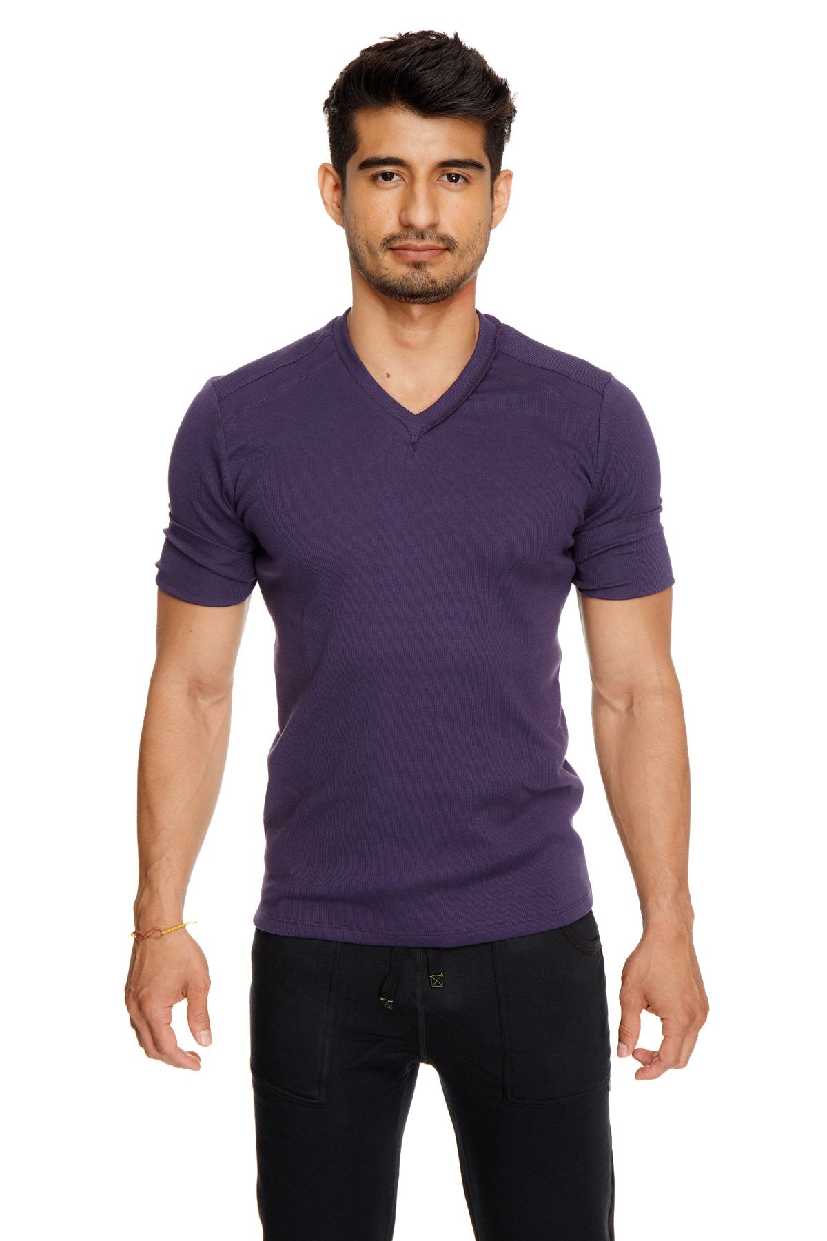Purple hybrid v-neck short-sleeved cotton t-shirt in eggplant purple shown from the front