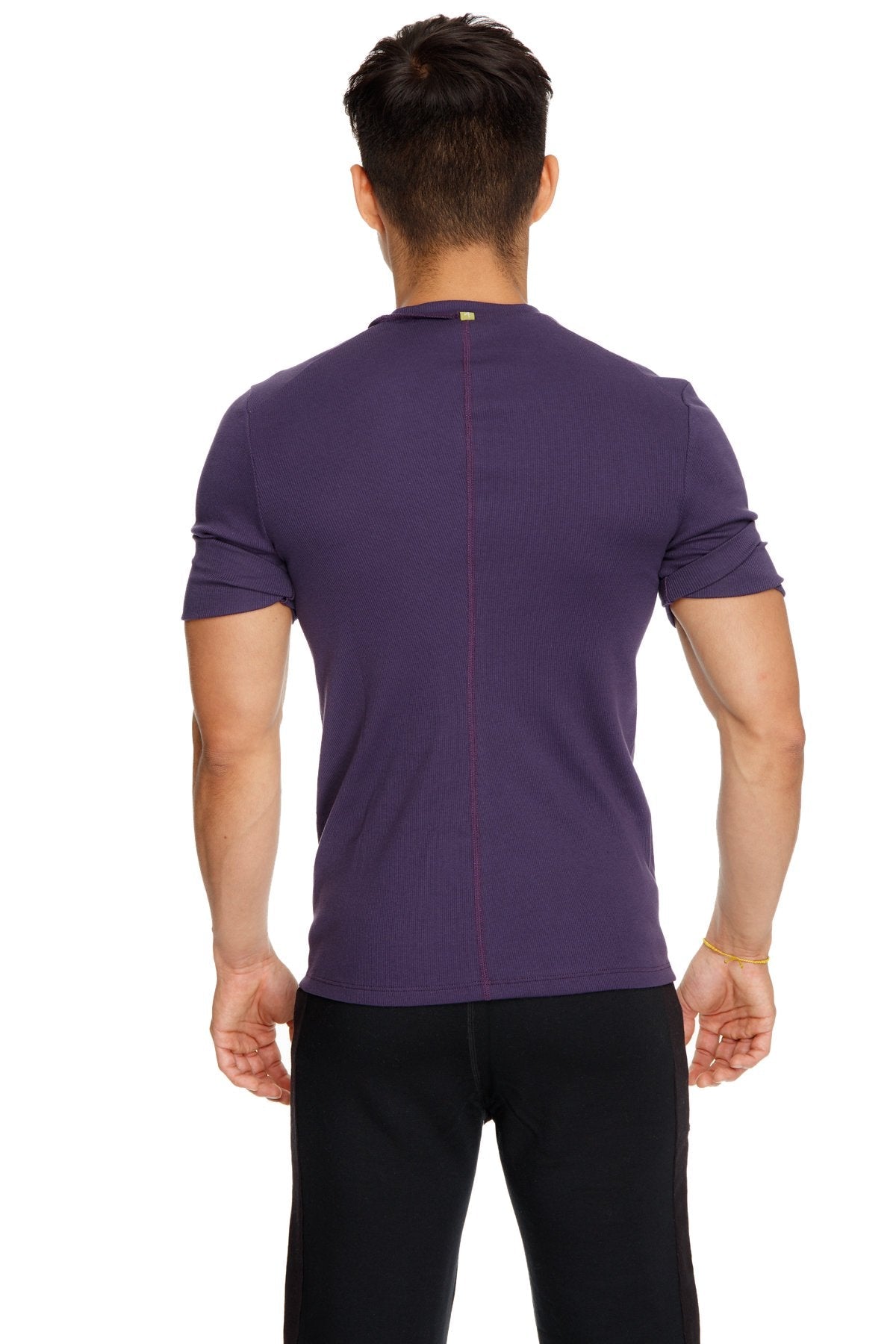 Back view of a purple hybrid v-neck athletic tee with short sleeves and a subtle vertical seam down the back