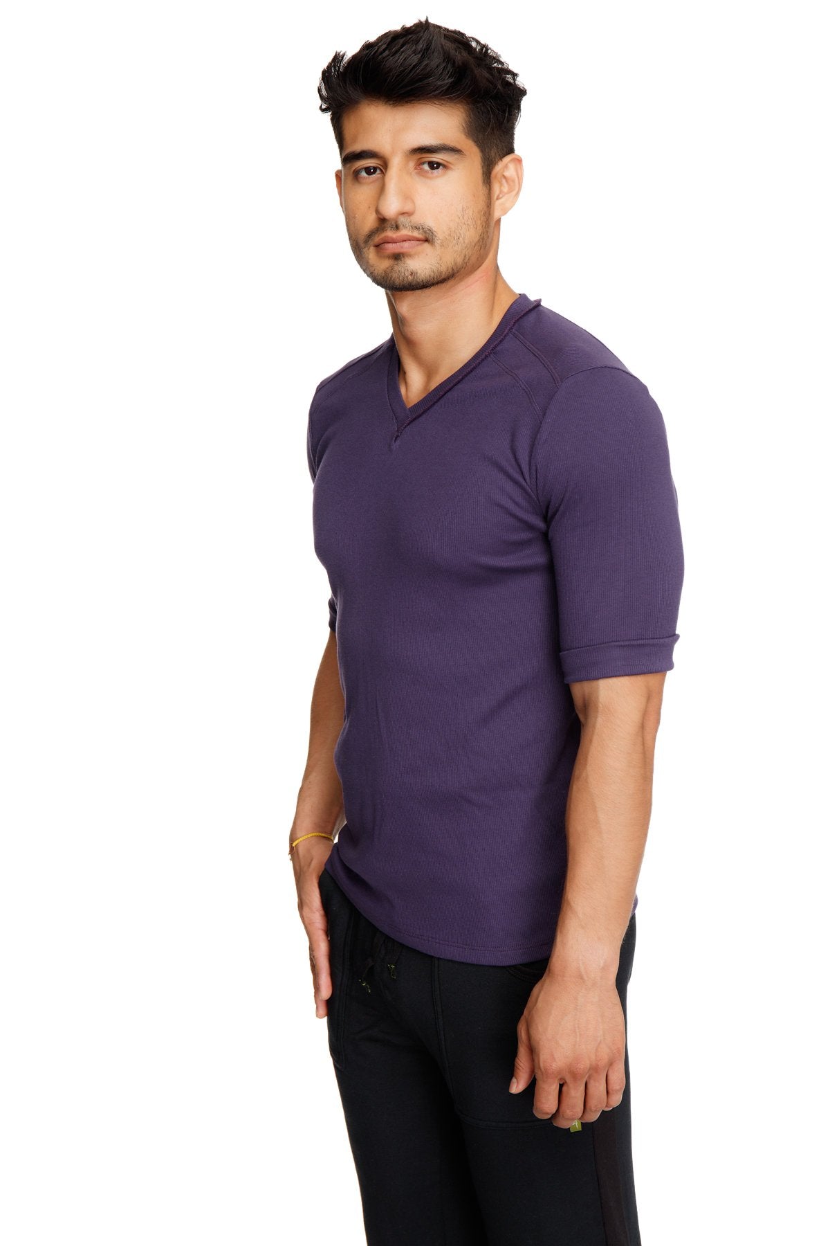 A sleek deep purple v-neck short-sleeved shirt with smooth form-fitting fabric called hybrid v-neck eggplant purple