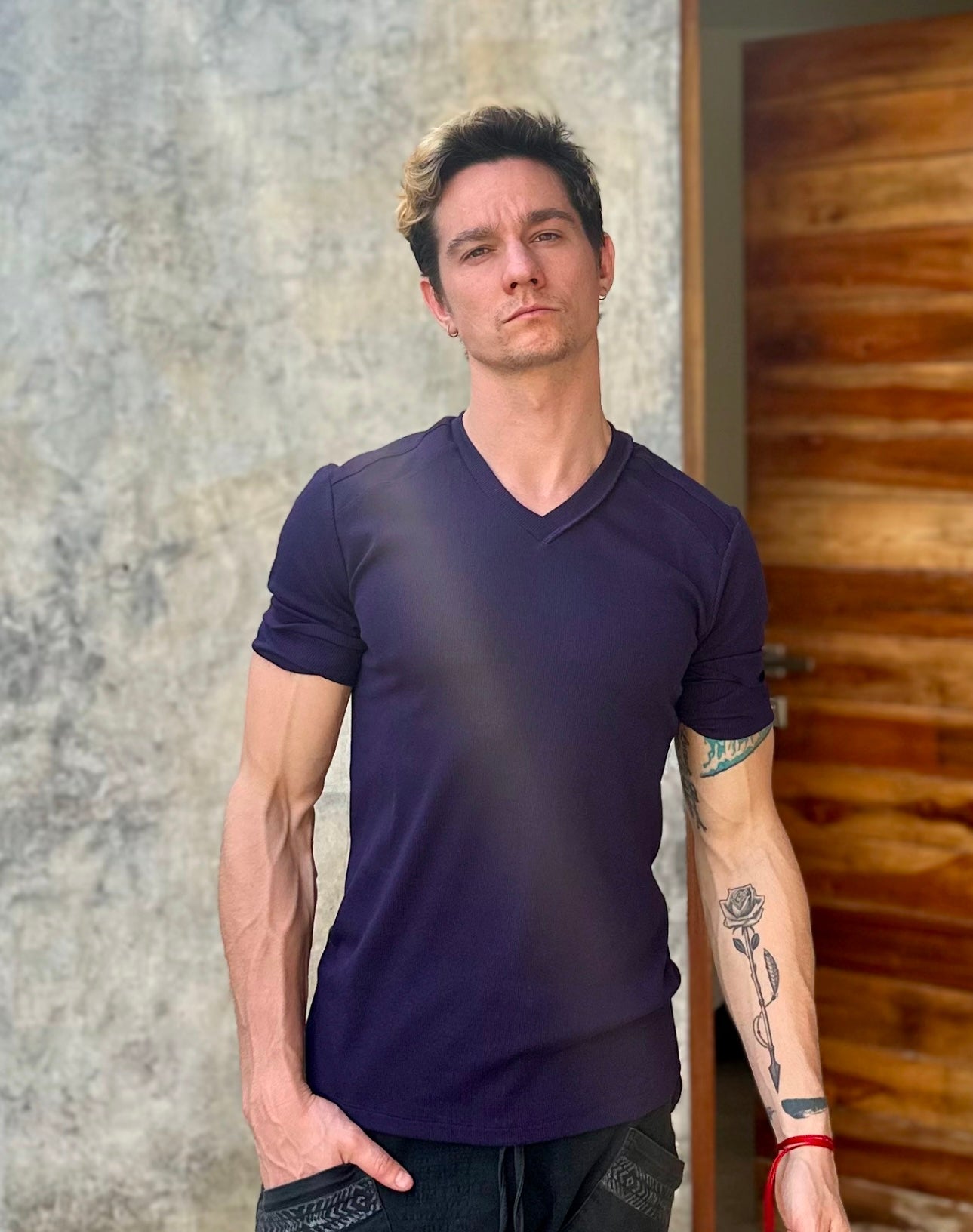 A dark purple short-sleeved cotton hybrid v-neck t-shirt in eggplant purple shown from the back side