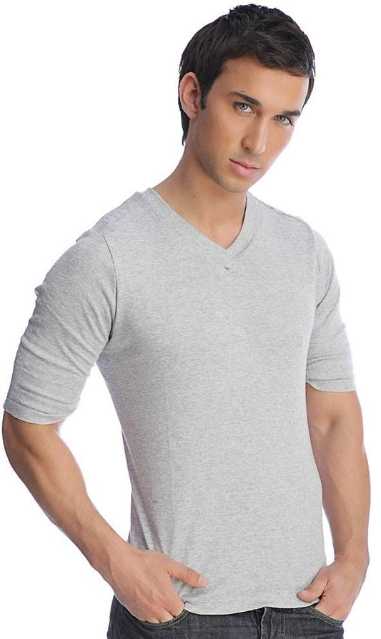 A men’s heather gray hybrid v-neck short sleeve t-shirt made from soft breathable fabric for casual wear