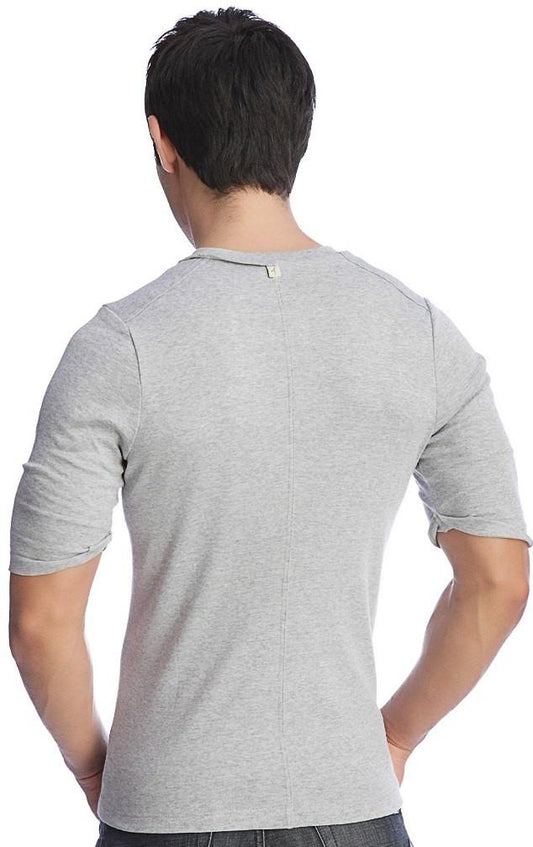 Gray heathered hybrid v neck short sleeve men’s tee with rolled cuffs and subtle back seam detail shown from the back