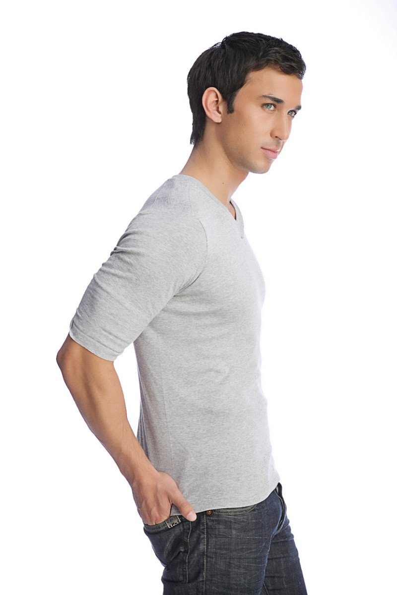 A light gray hybrid v-neck three-quarter sleeve cotton t-shirt with a comfortable heather texture