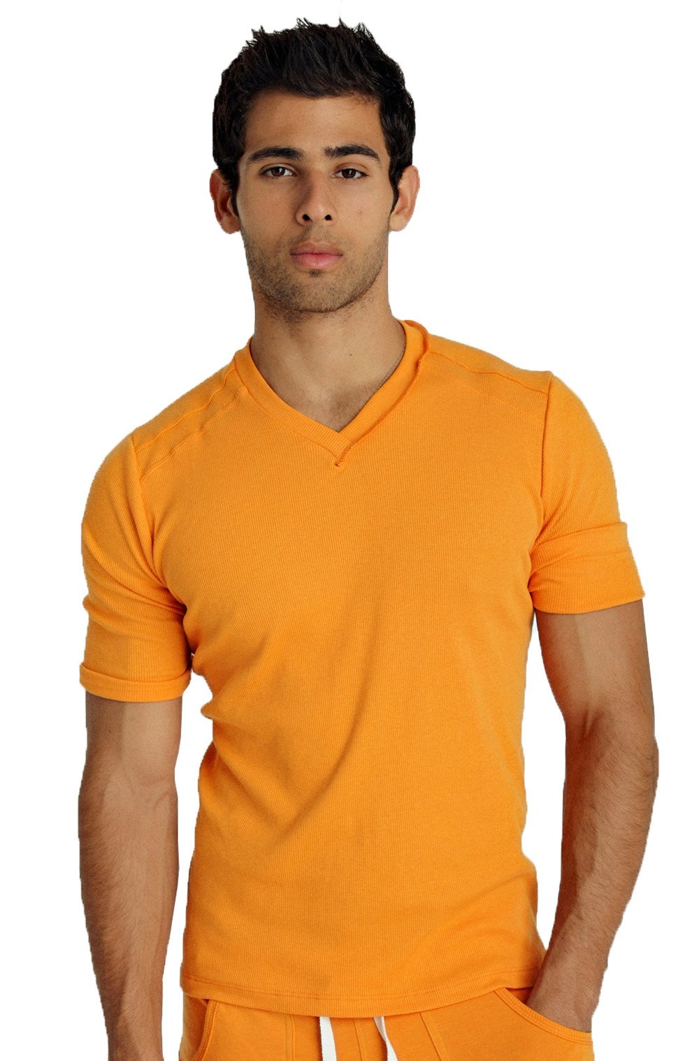Orange short-sleeved hybrid v-neck t-shirt with ribbed texture designed for comfortable casual wear