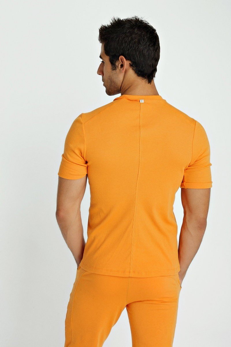Orange short-sleeved fitted hybrid v-neck t-shirt back with central seam and subtle brand tag at neckline