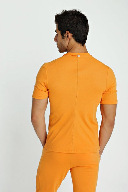 Orange short-sleeved fitted hybrid v-neck t-shirt back with central seam and subtle brand tag at neckline