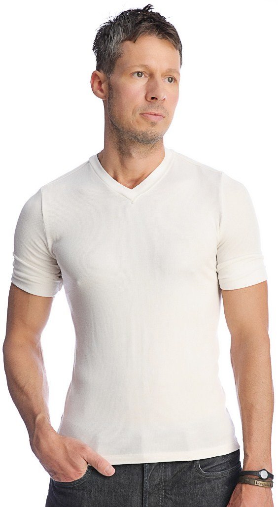 A crisp white hybrid v-neck short sleeve t-shirt with smooth fitted fabric ideal for casual wear