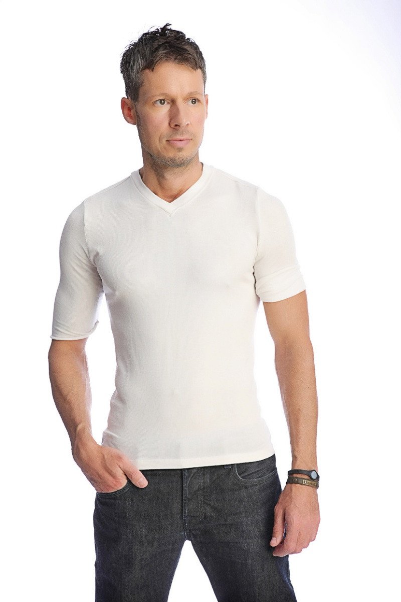 A crisp white hybrid v neck short sleeve t shirt with smooth fitted fabric perfect for casual wear