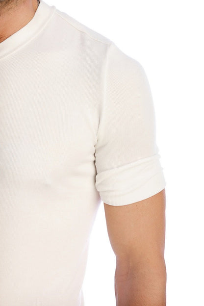A white ribbed short-sleeved t-shirt with a crew neck from the hybrid v-neck collection