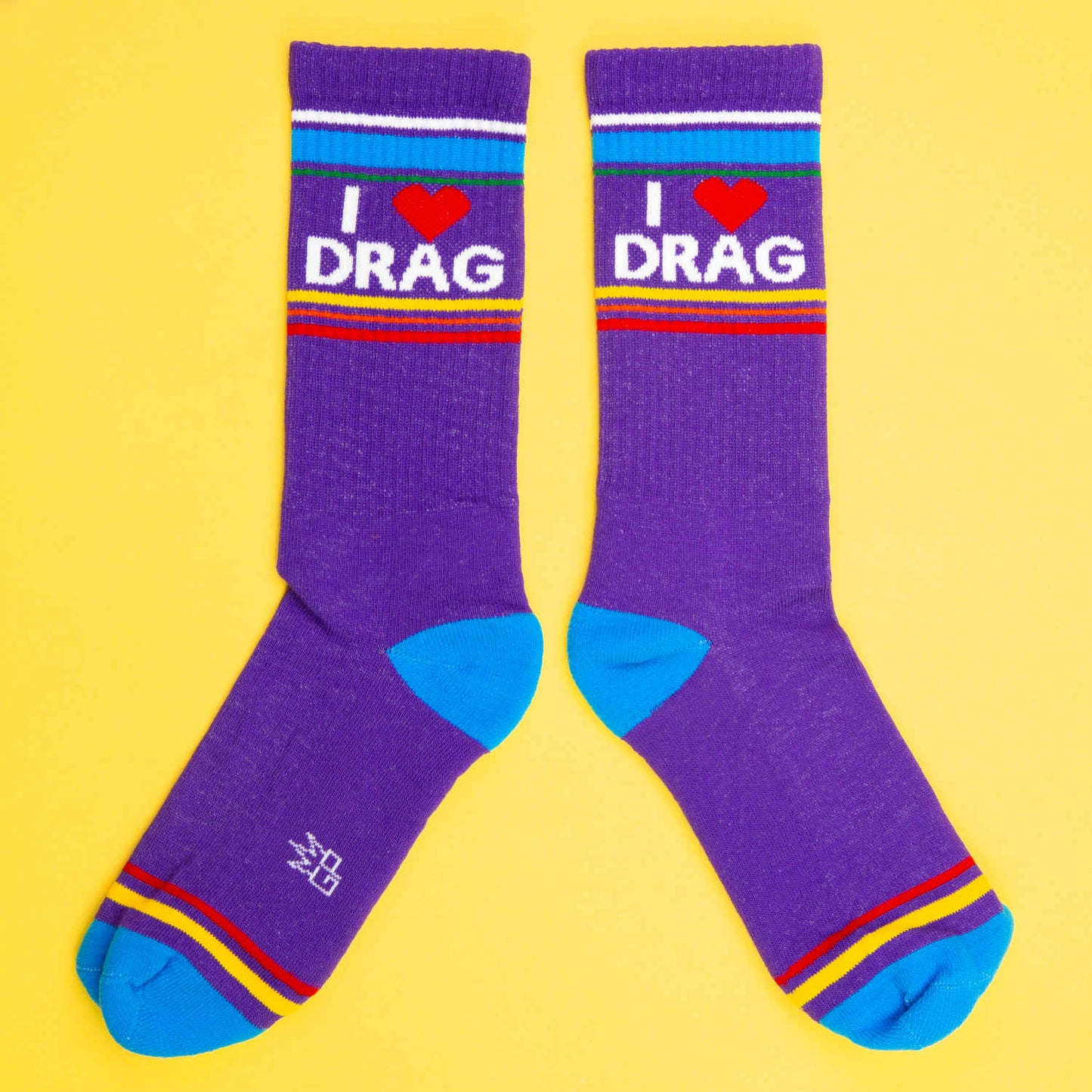 Purple i love drag crew socks with white lettering red heart blue toe caps and colorful striped bands for casual wear