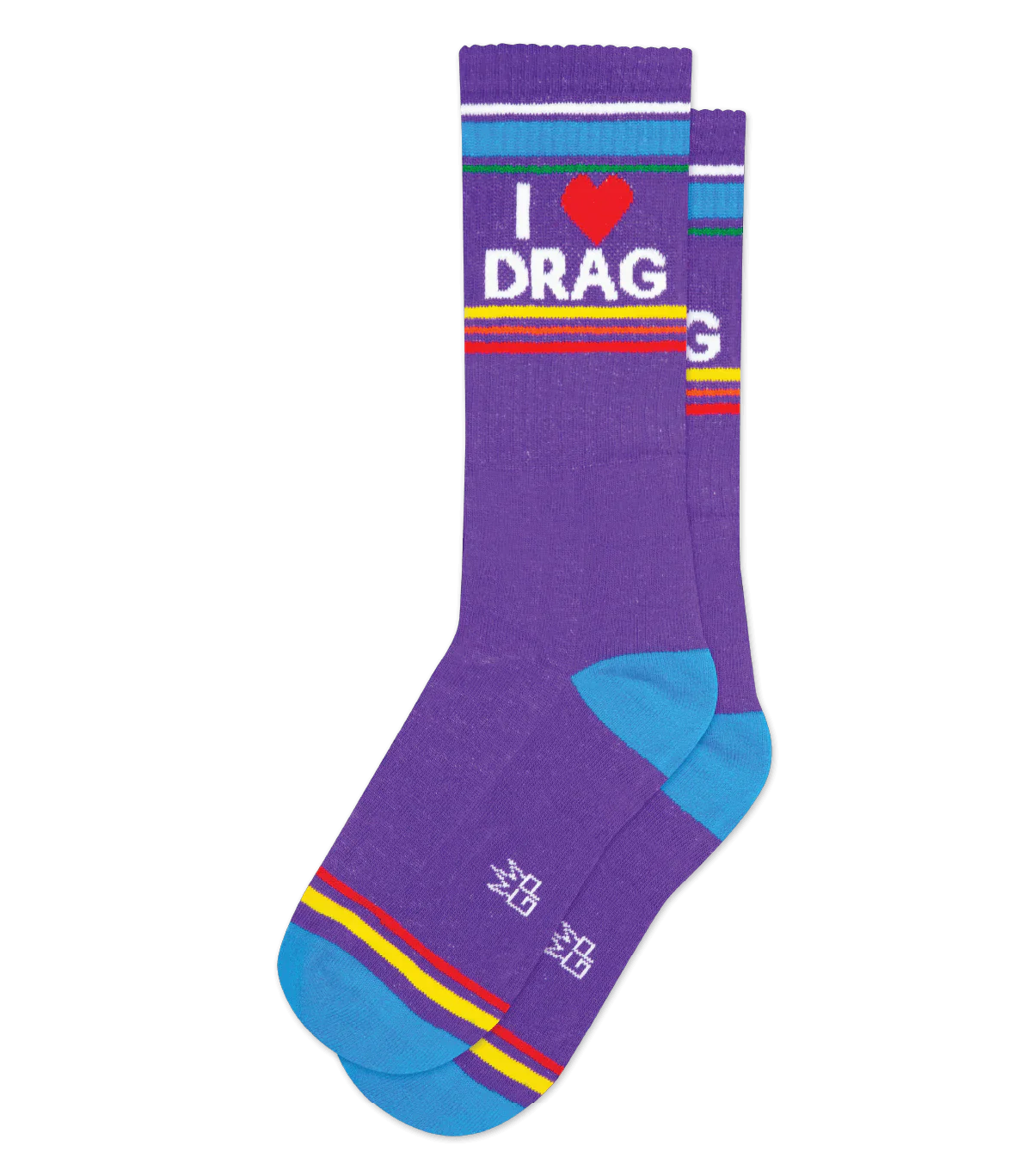 Purple i love drag crew socks with colorful blue red and yellow stripes and bright turquoise toe caps
