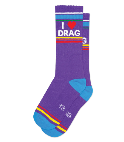 Purple i love drag crew socks with colorful blue red and yellow stripes and bright turquoise toe caps