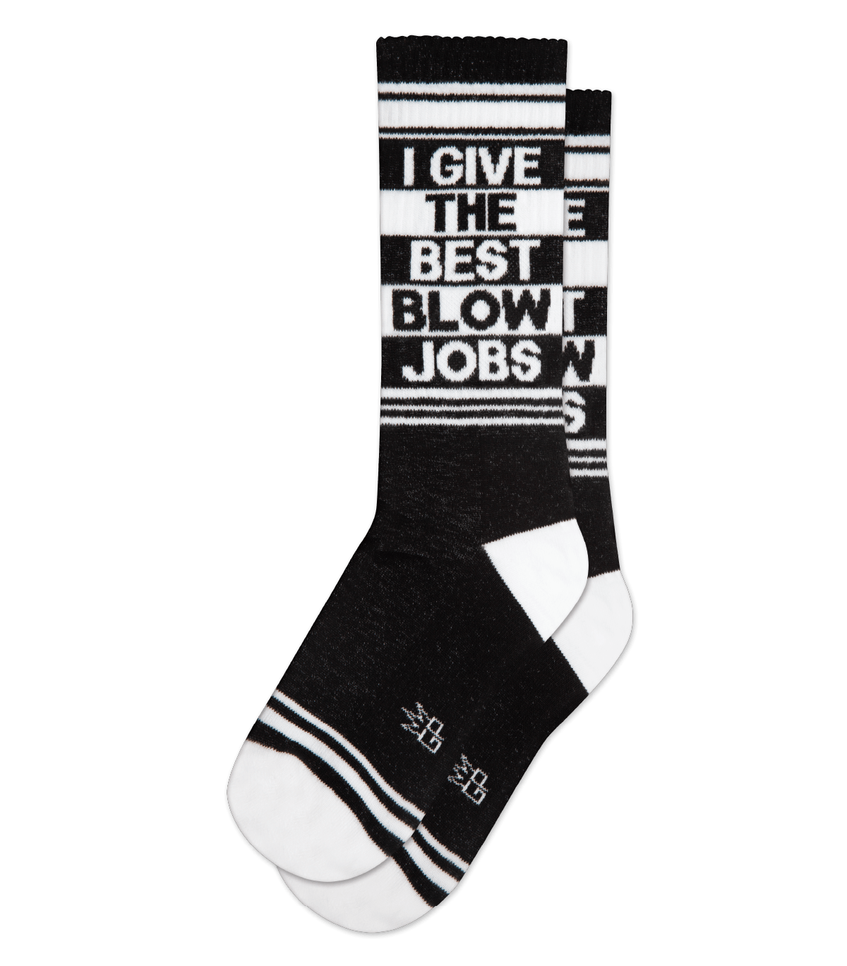 Black and white crew socks with bold i give the best blow jobs text and striped accents on the calf