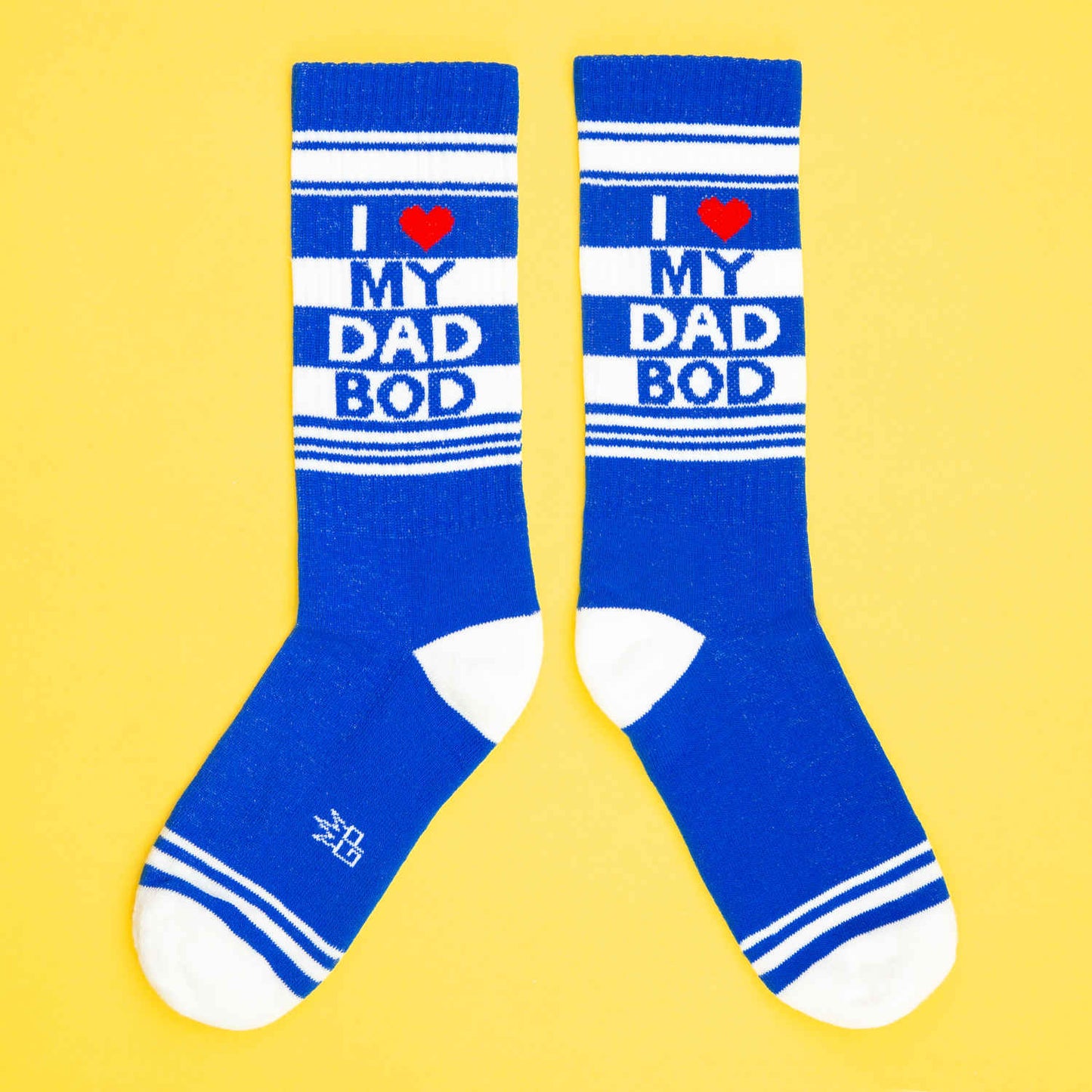 Blue and white striped crew socks with i heart my dad bod in bold blue letters and a red heart symbol across top