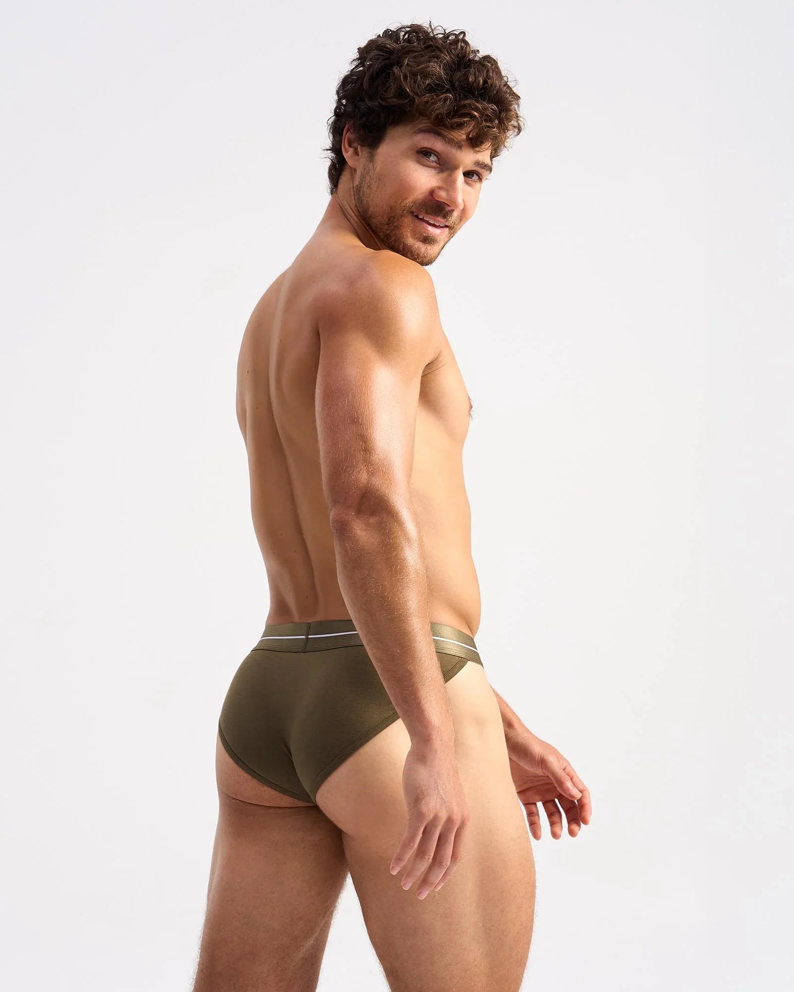 Olive green icon sports brief with subtle white stripe on waistband made for athletic comfort