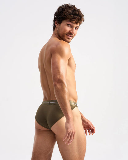 Olive green icon sports brief with subtle white stripe on waistband made for athletic comfort