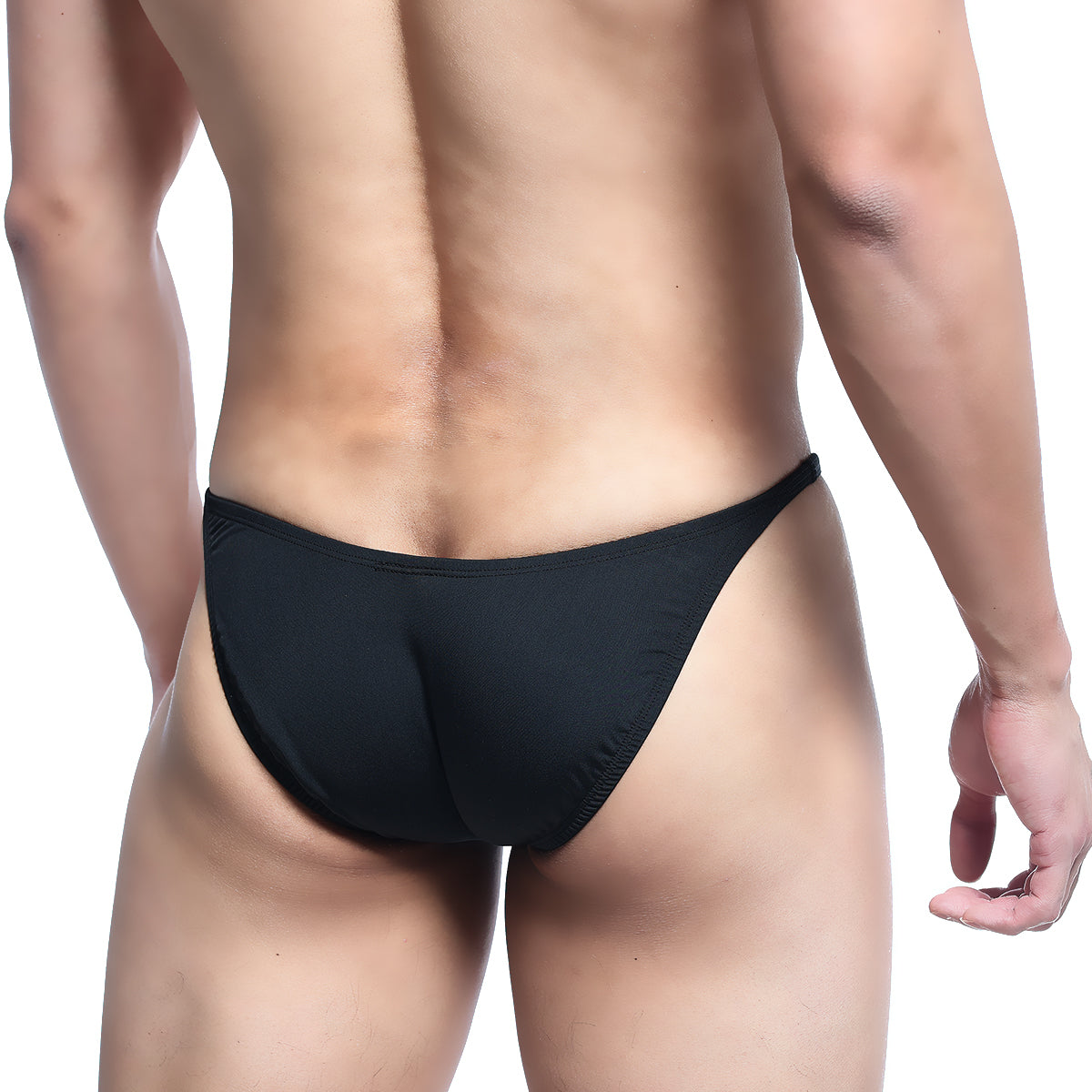 Black thong briefs with smooth form-fitting design by metromalewear for ifbb pro posing suit use